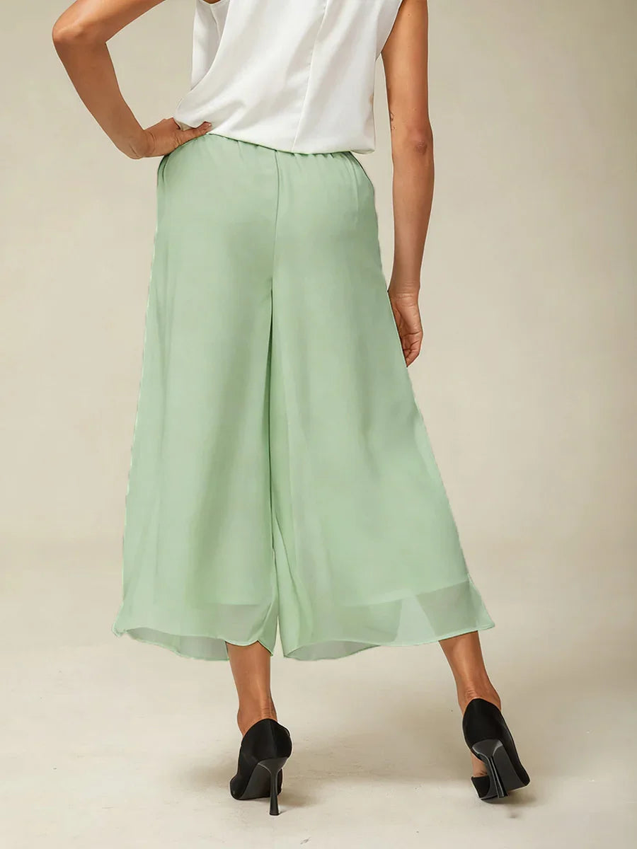 Cropped Straight-Leg Pants with Chiffon Split Overlay