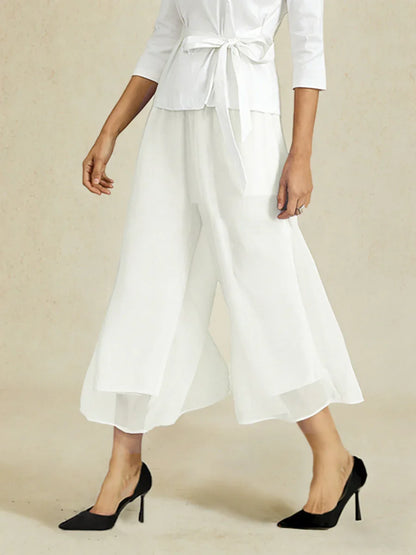 Cropped Straight-Leg Pants with Chiffon Split Overlay