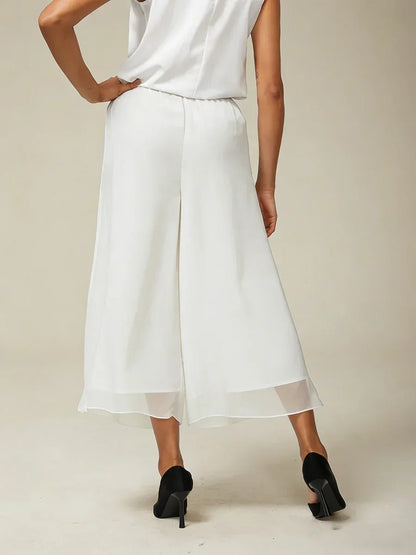 Cropped Straight-Leg Pants with Chiffon Split Overlay
