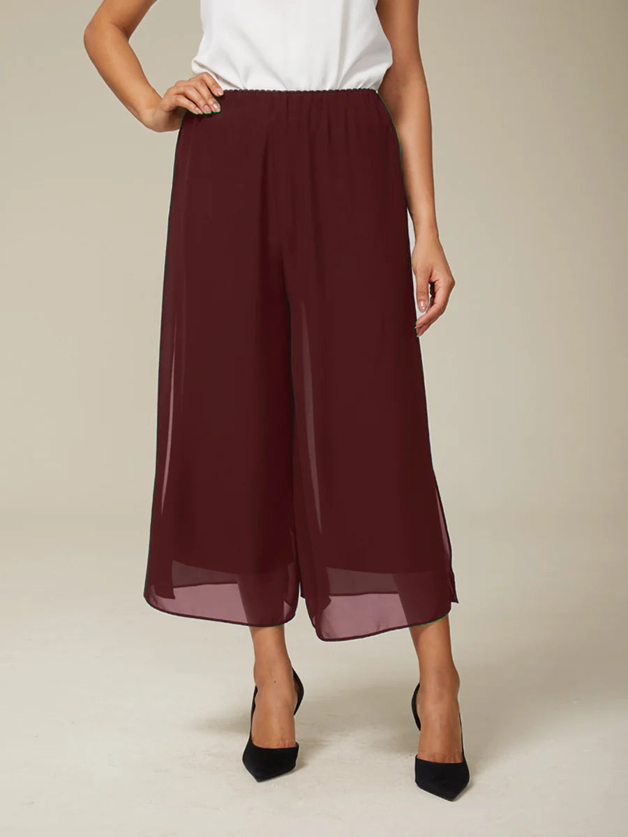 Cropped Straight-Leg Pants with Chiffon Split Overlay