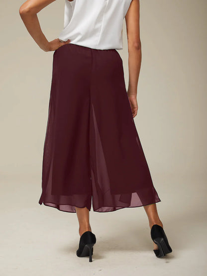 Cropped Straight-Leg Pants with Chiffon Split Overlay