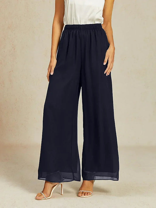 Elegant Wide-Leg Chiffon Pants with Elastic Waist