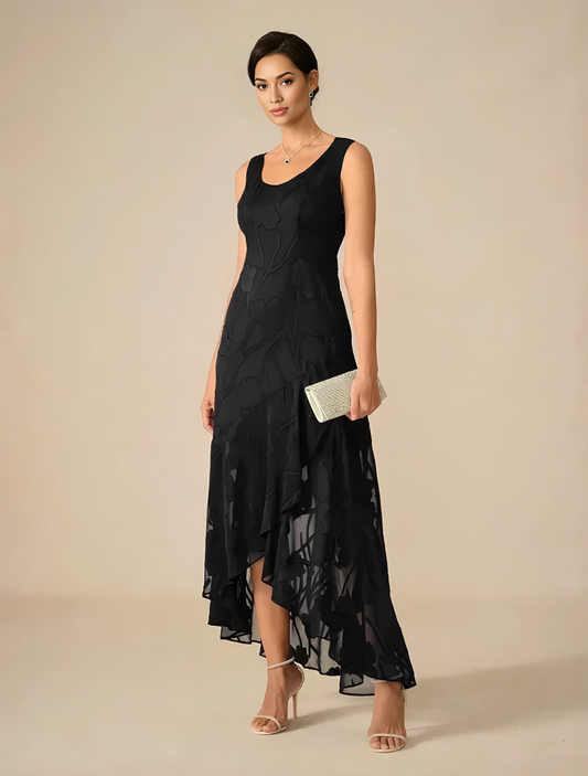 Floral Burnout Chiffon Evening Gown with Asymmetrical Hem