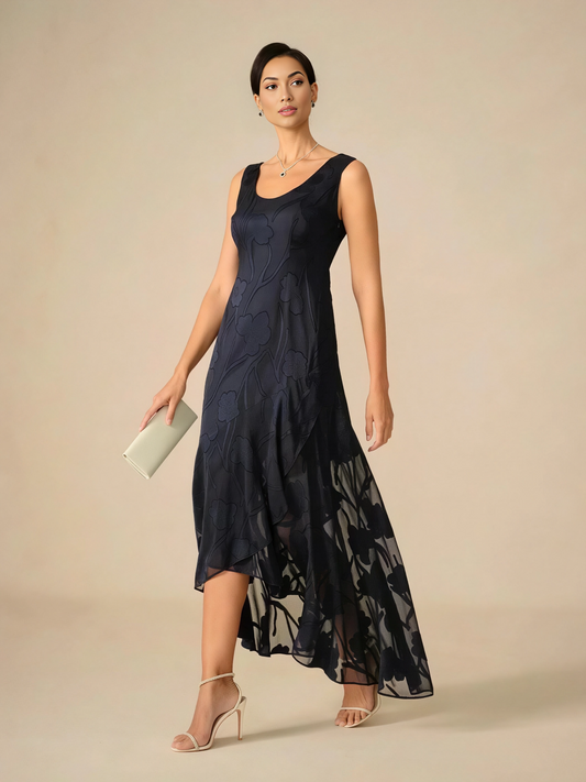 Floral Burnout Chiffon Evening Gown with Asymmetrical Hem
