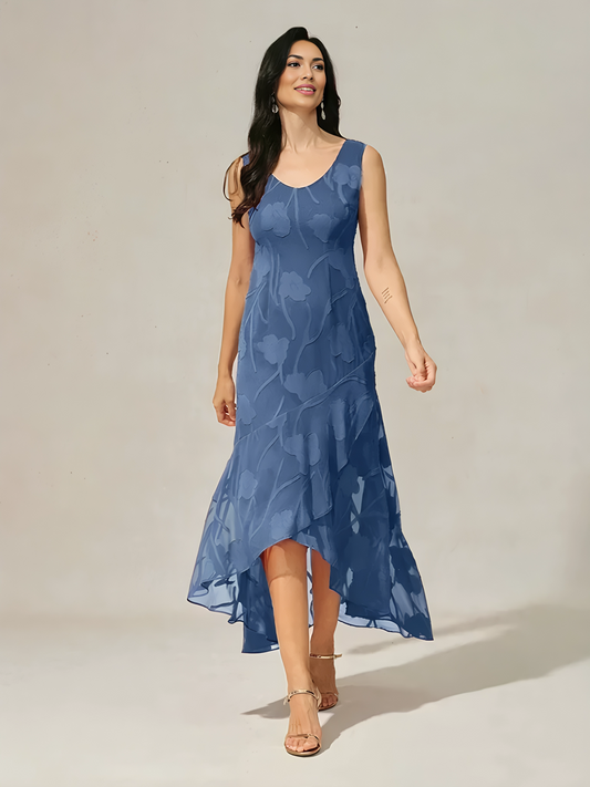 Floral Burnout Chiffon Evening Gown with Asymmetrical Hem