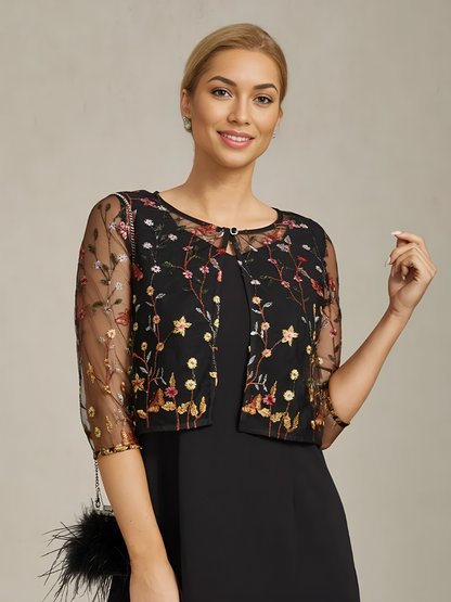 Floral Embroidered Lace Jacket with Rhinestone Button