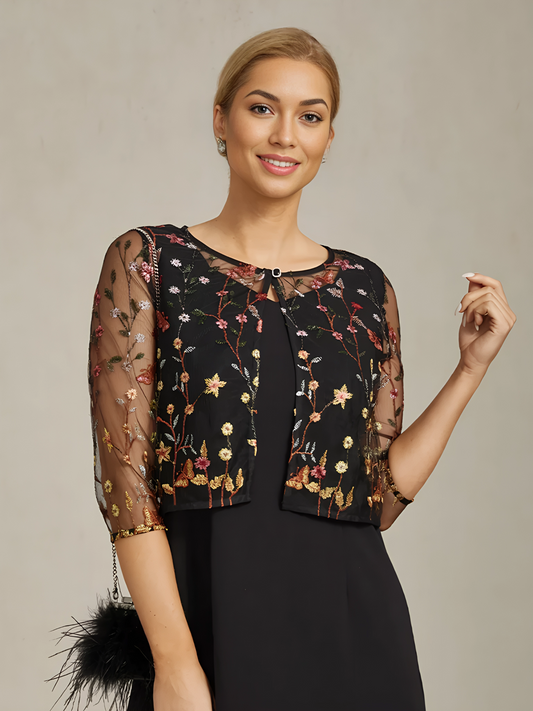 Floral Embroidered Lace Jacket with Rhinestone Button