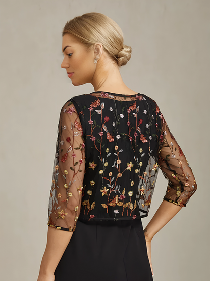 Floral Embroidered Lace Jacket with Rhinestone Button