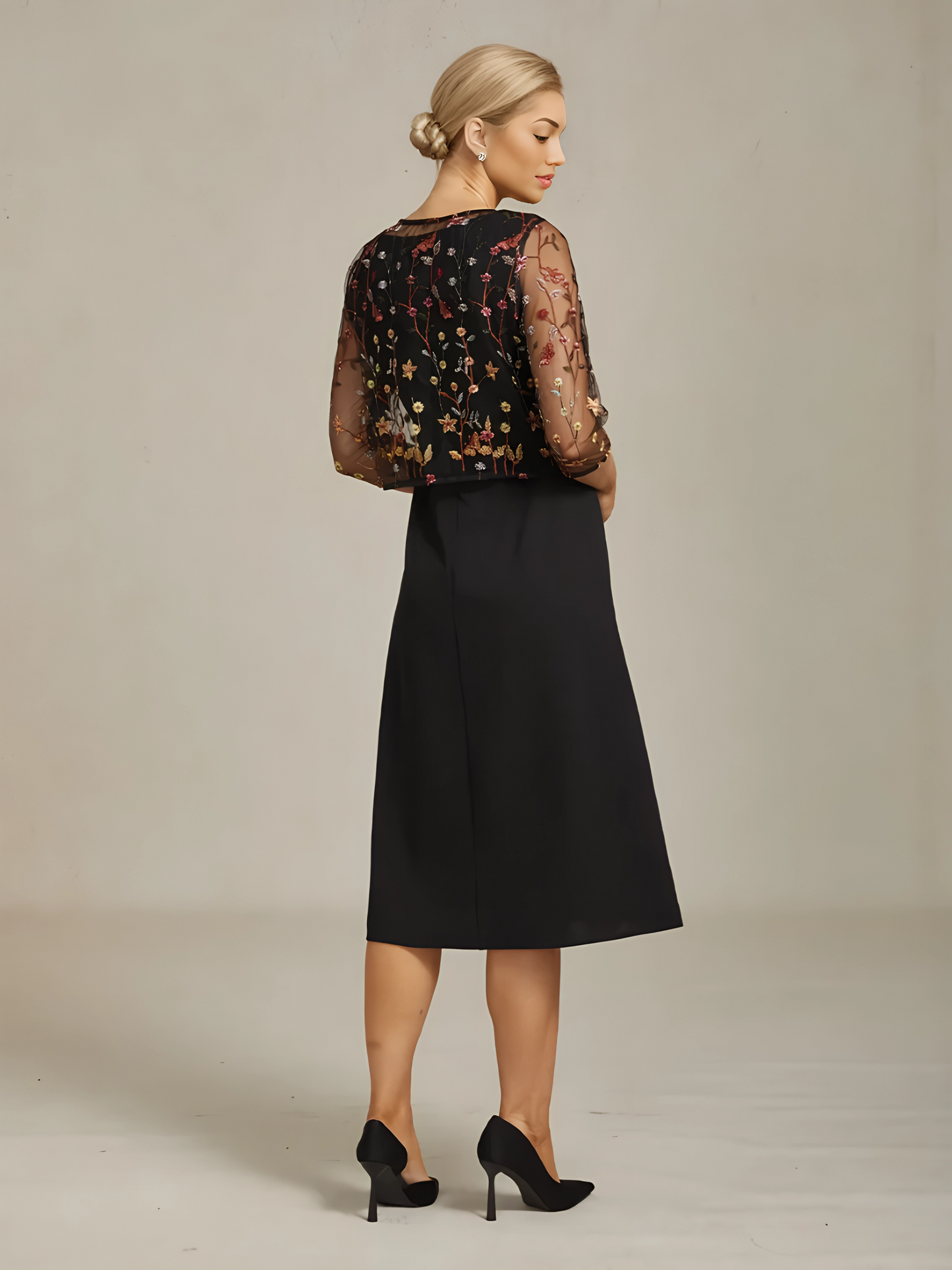 Floral Embroidered Lace Jacket with Rhinestone Button
