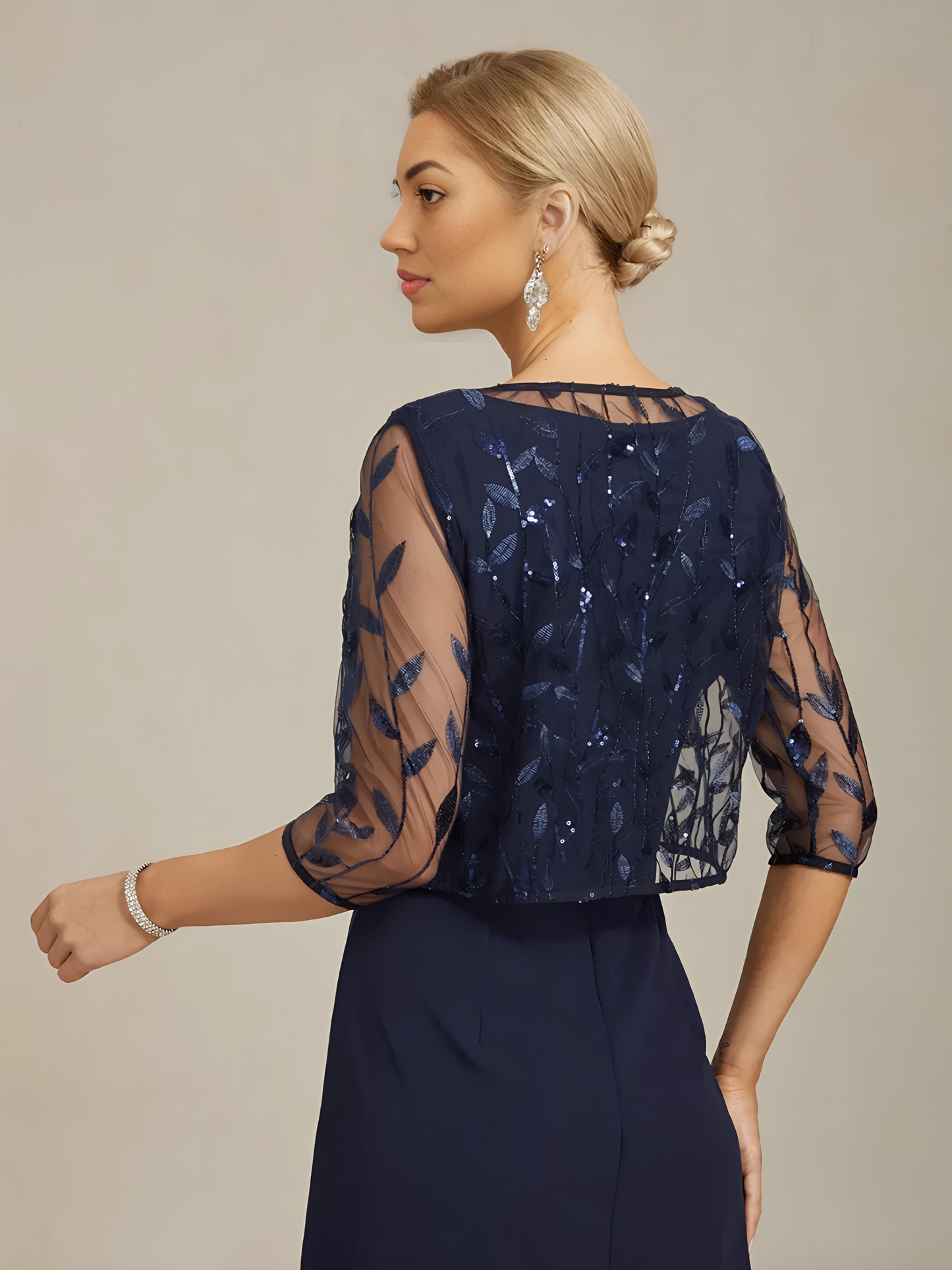 Floral Embroidered Lace Jacket with Rhinestone Button