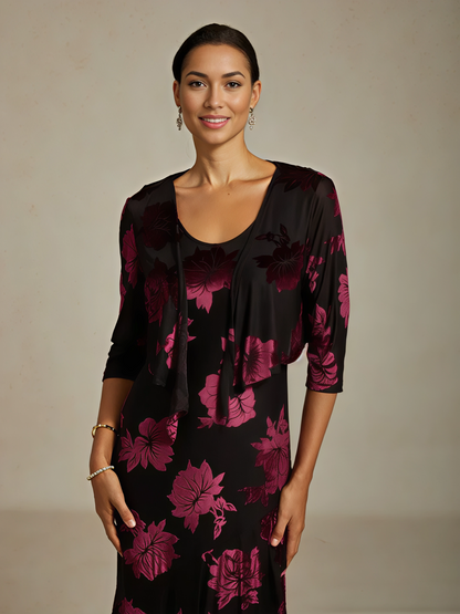 Floral Stretch Velvet 3/4 Sleeve Shrug
