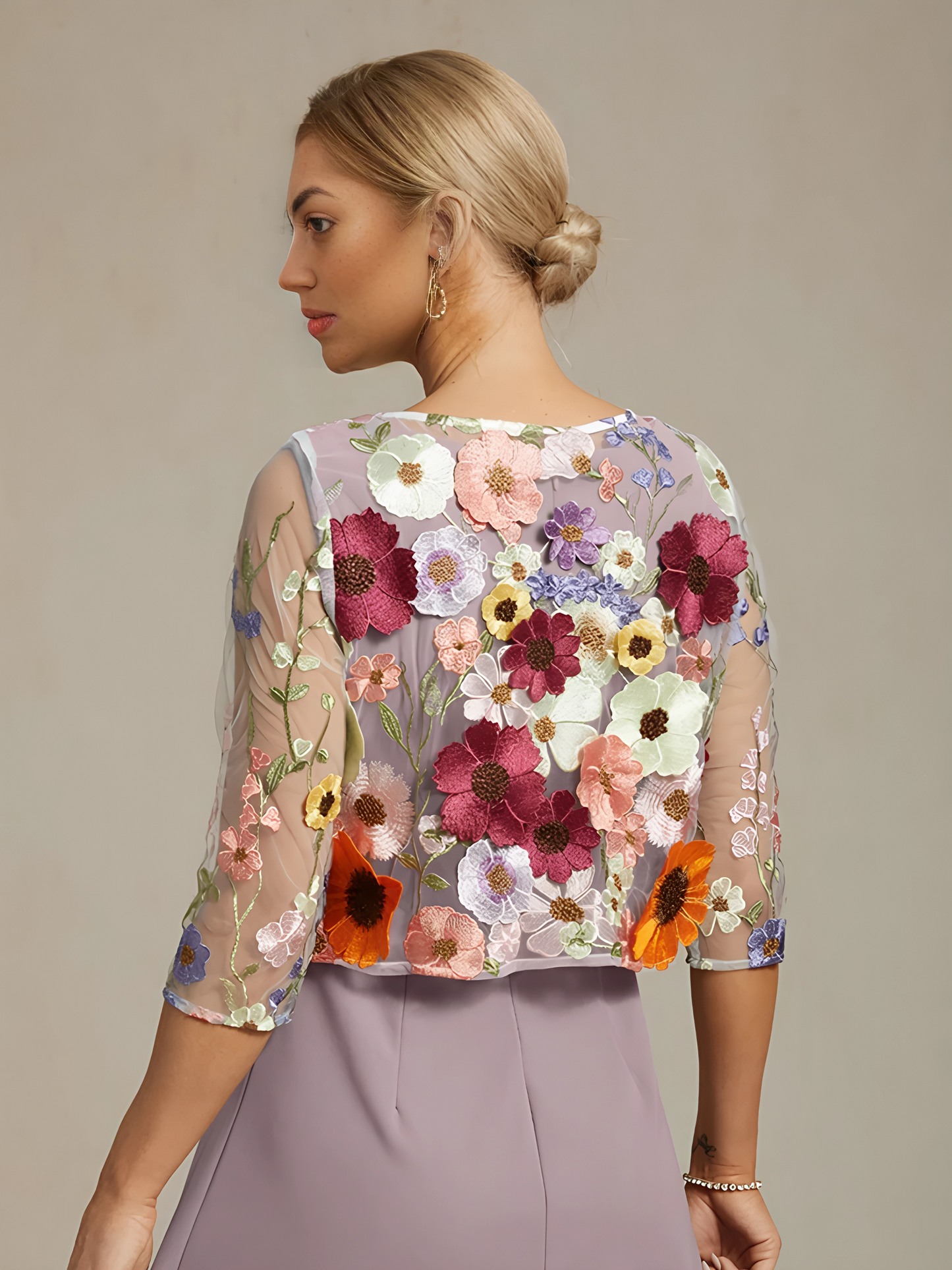 Mesh Lace Jacket with 3D Floral Embellishments