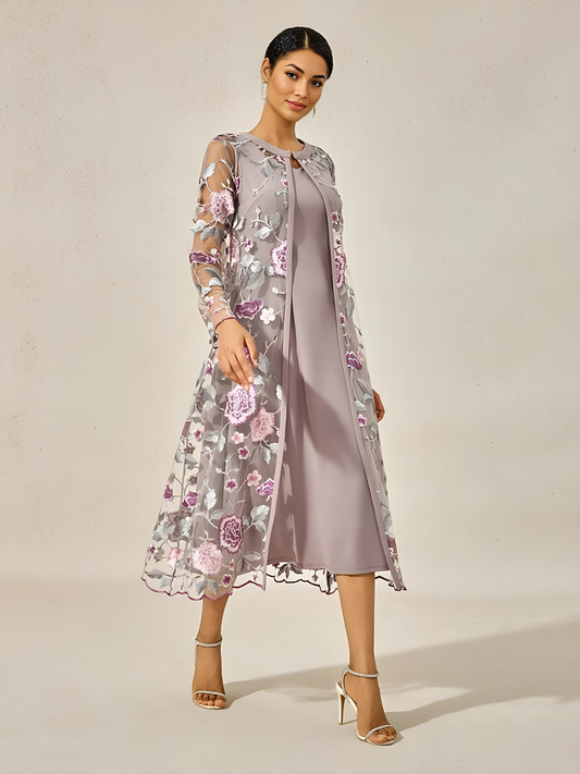Mesh Lace Embroidered Floral Dress Set