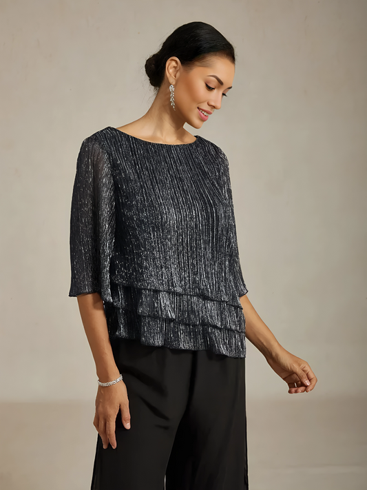 Metallic Pleated Chiffon Layered Blouse