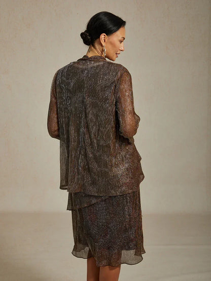 Metallic Pleated Chiffon Long Jacket with Layered Design