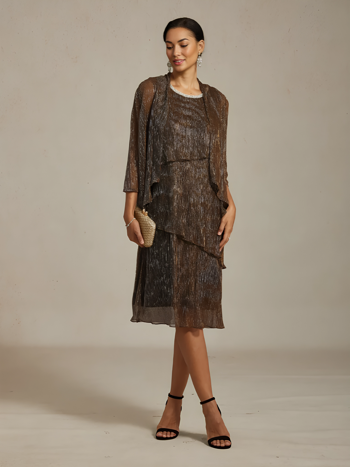 Metallic Pleated Chiffon Long Jacket with Layered Design
