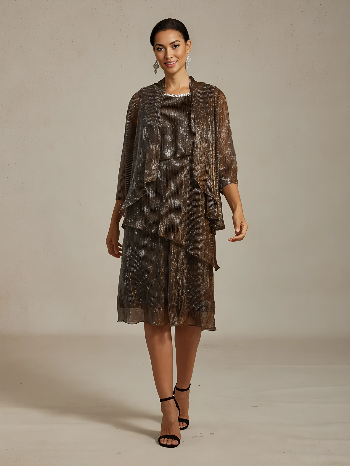 Metallic Pleated Chiffon Long Jacket with Layered Design
