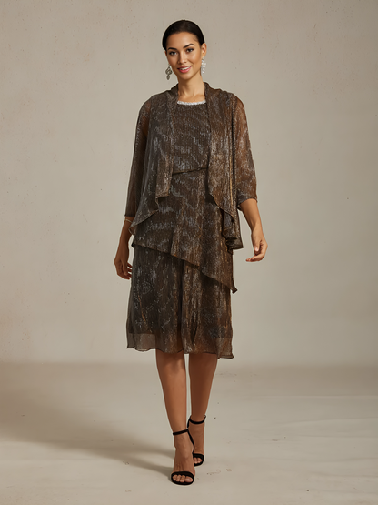 Metallic Pleated Chiffon Long Jacket with Layered Design