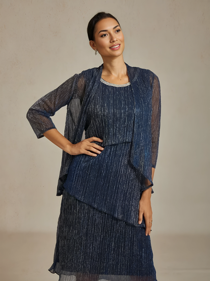 Metallic Pleated Chiffon Long Jacket with Layered Design