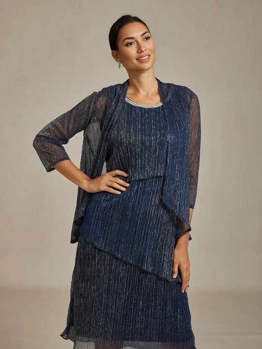 Metallic Pleated Chiffon Long Jacket with Layered Design