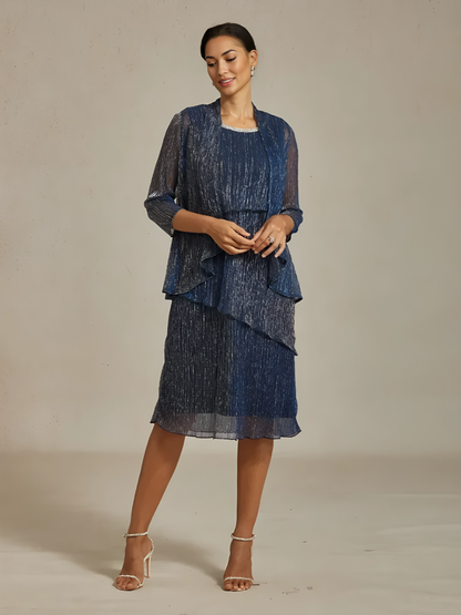 Metallic Pleated Chiffon Long Jacket with Layered Design