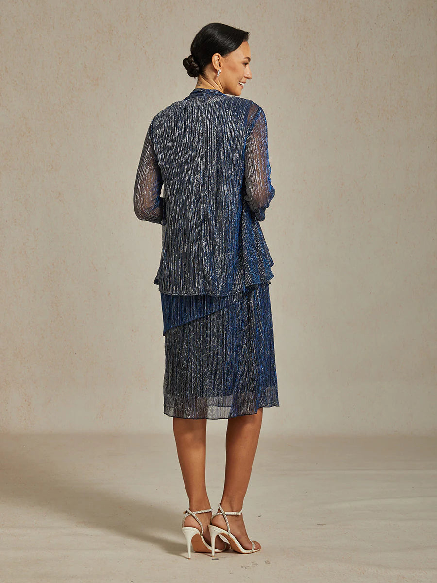 Metallic Pleated Chiffon Long Jacket with Layered Design