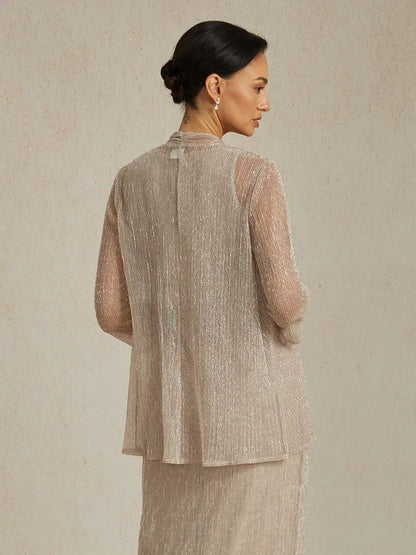 Metallic Pleated Chiffon Long Jacket with Layered Design