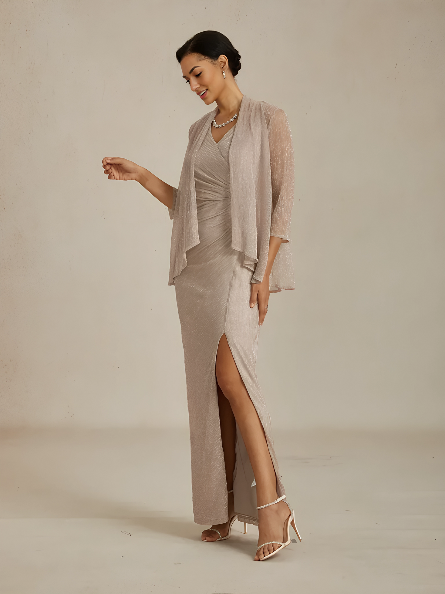 Metallic Pleated Chiffon Long Jacket with Layered Design
