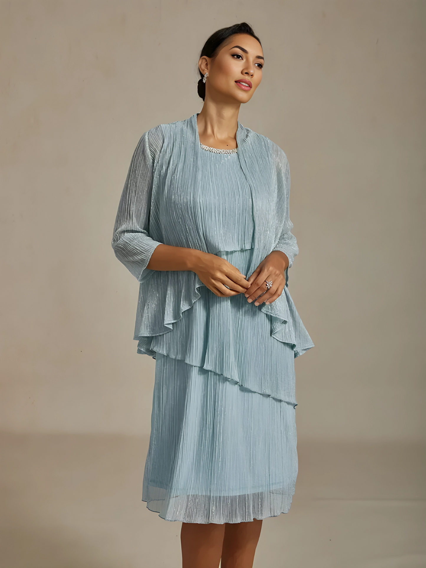 Metallic Pleated Chiffon Long Jacket with Layered Design