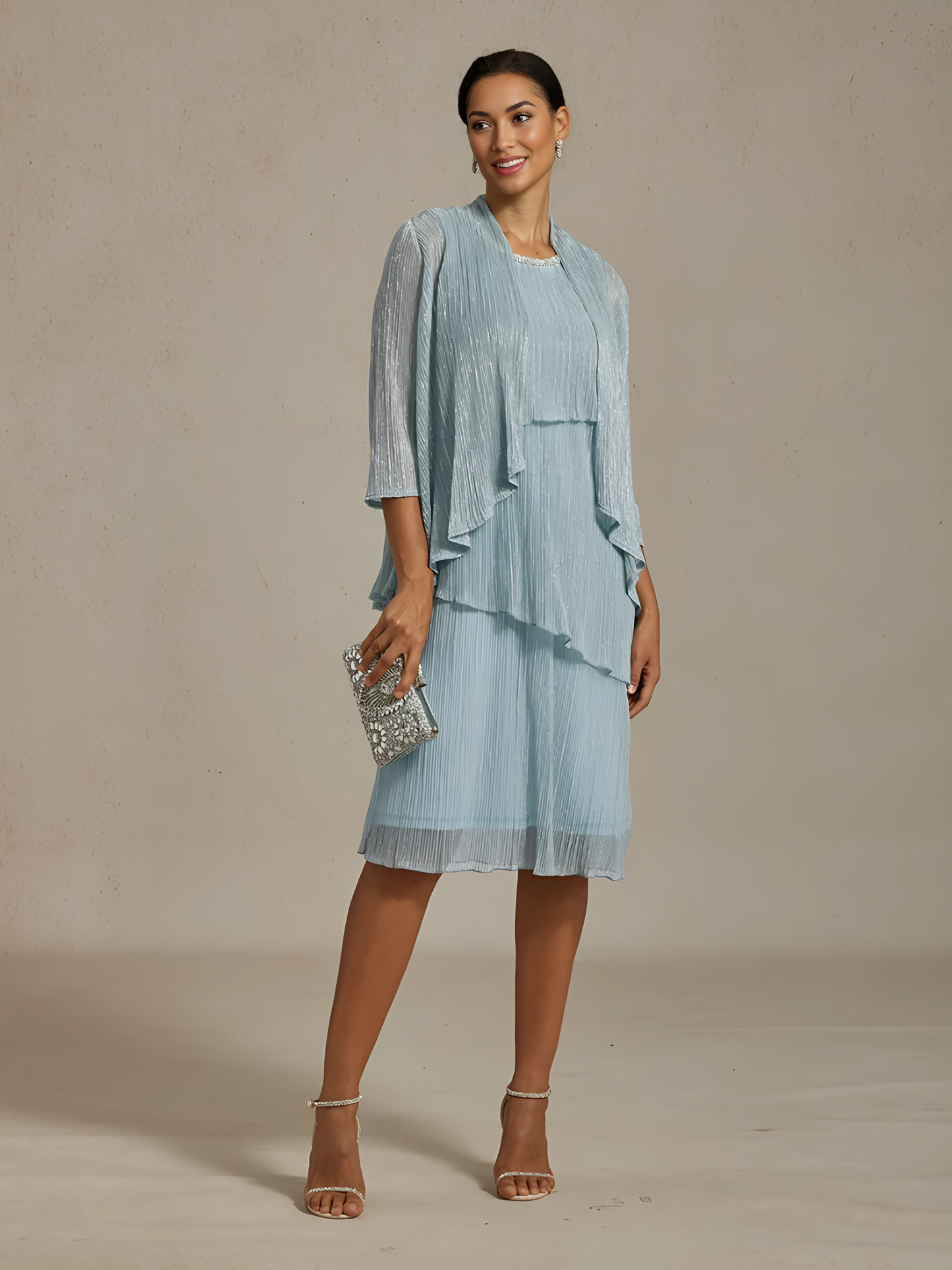 Metallic Pleated Chiffon Long Jacket with Layered Design