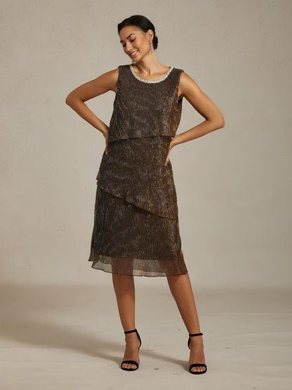 Metallic Pleated Chiffon Midi Dress with Beaded Neckline