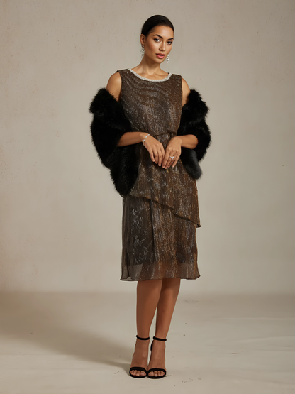 Metallic Pleated Chiffon Midi Dress with Beaded Neckline