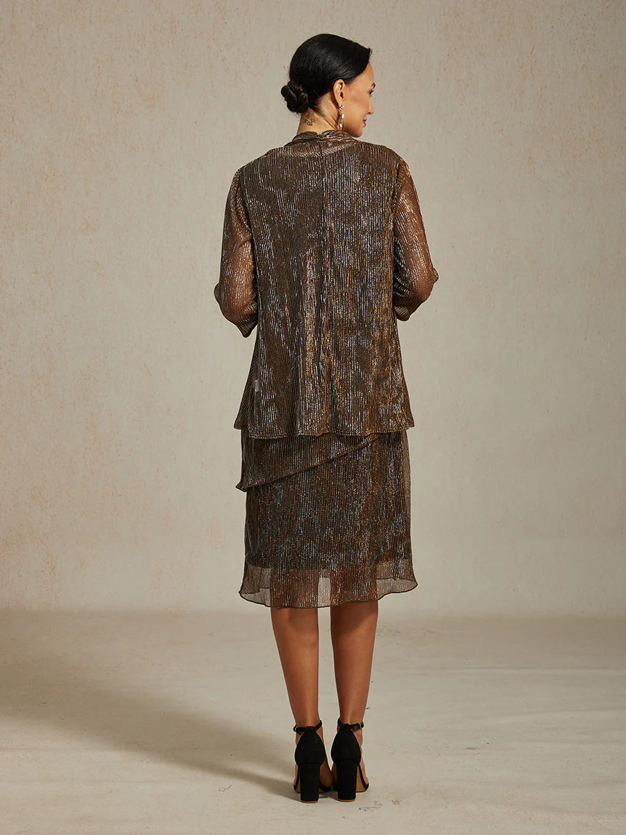 Metallic Pleated Chiffon Midi Dress with Beaded Neckline