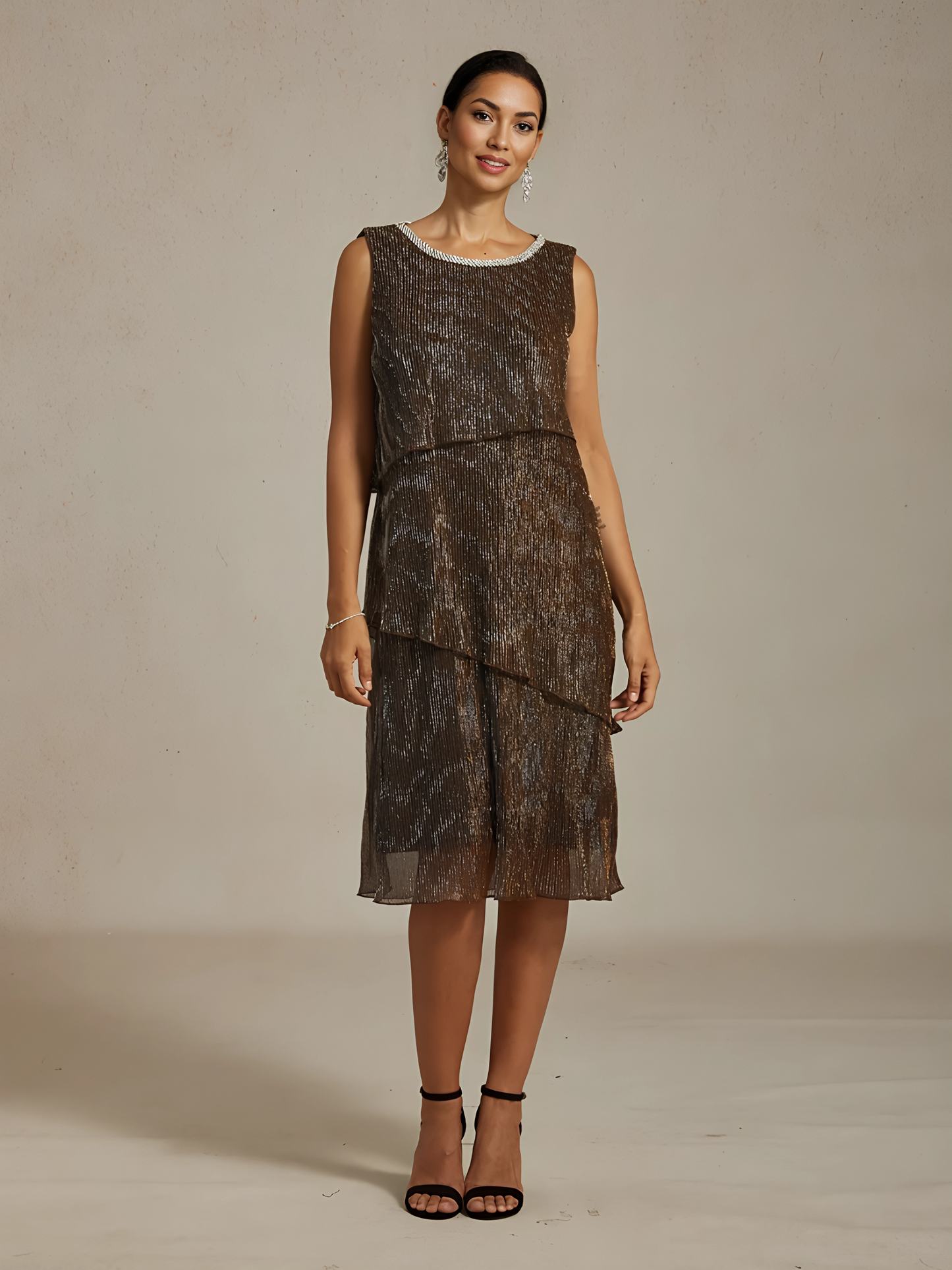 Metallic Pleated Chiffon Midi Dress with Beaded Neckline