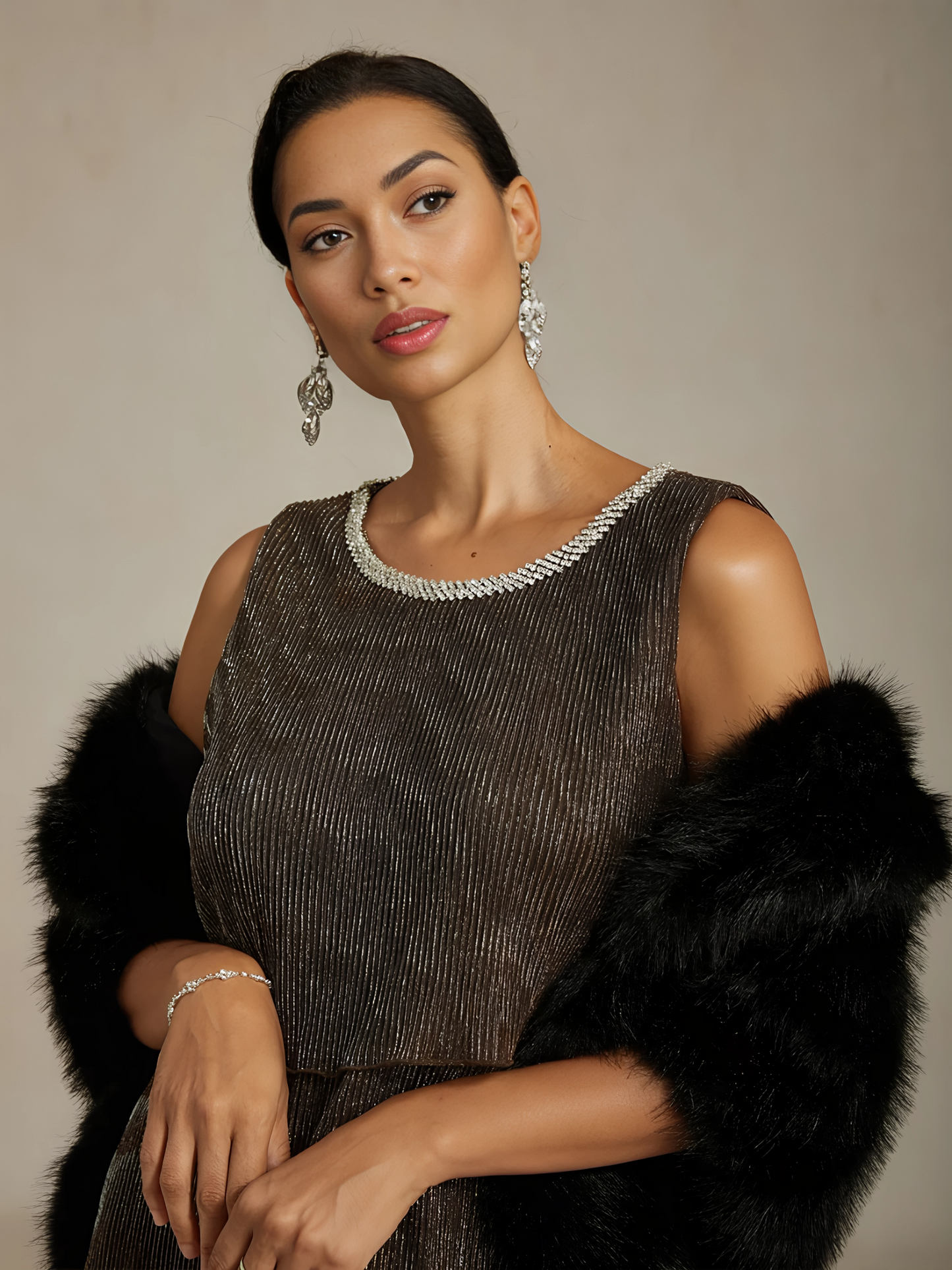 Metallic Pleated Chiffon Midi Dress with Beaded Neckline