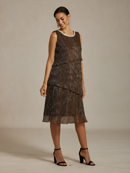 Metallic Pleated Chiffon Midi Dress with Beaded Neckline