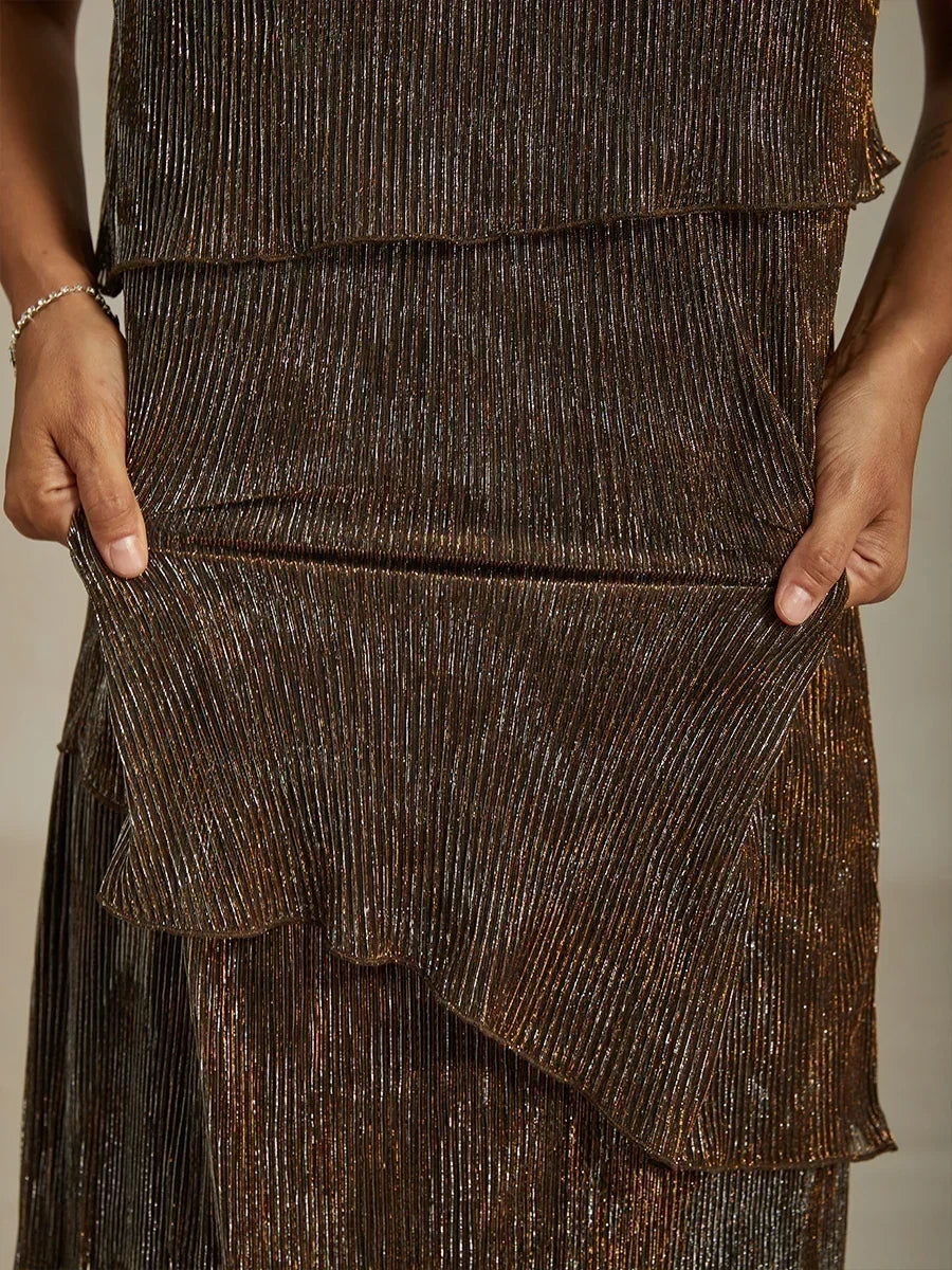 Metallic Pleated Chiffon Midi Dress with Beaded Neckline