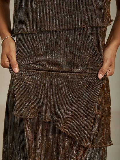 Metallic Pleated Chiffon Midi Dress with Beaded Neckline