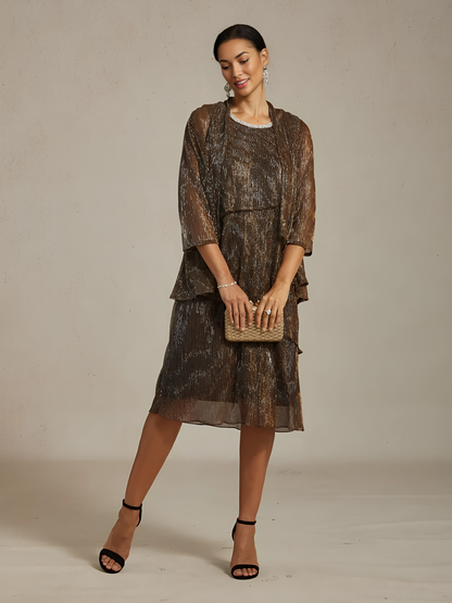 Metallic Pleated Chiffon Midi Dress with Beaded Neckline