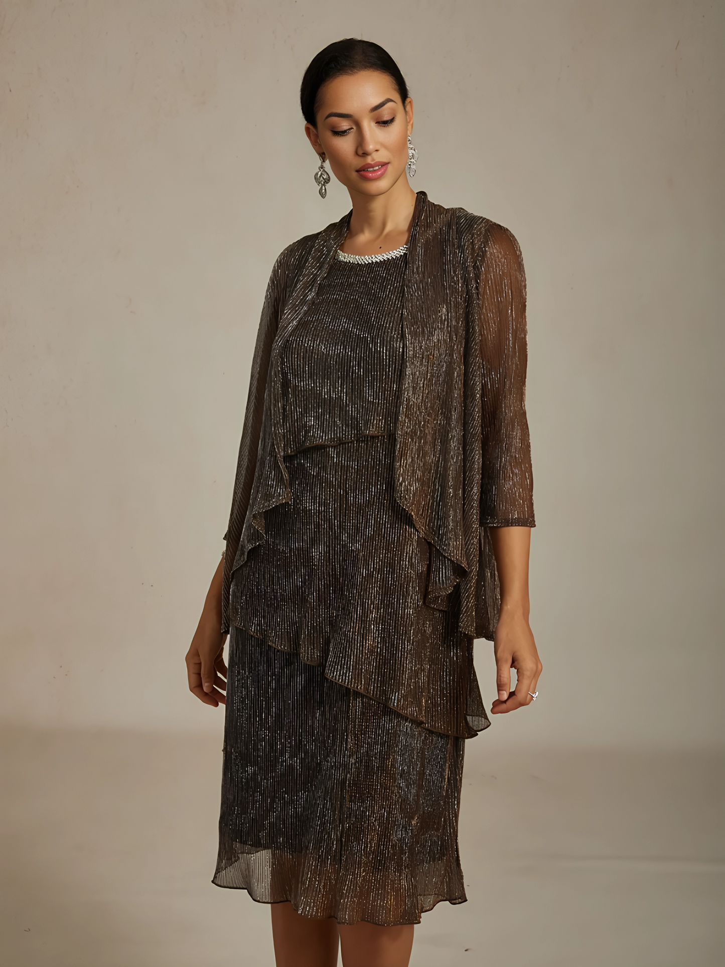 Metallic Pleated Chiffon Midi Dress with Beaded Neckline