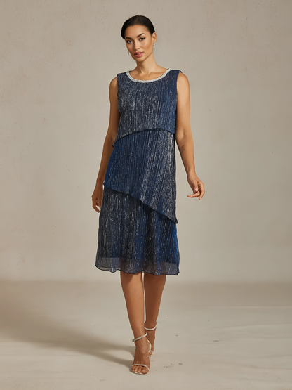 Metallic Pleated Chiffon Midi Dress with Beaded Neckline