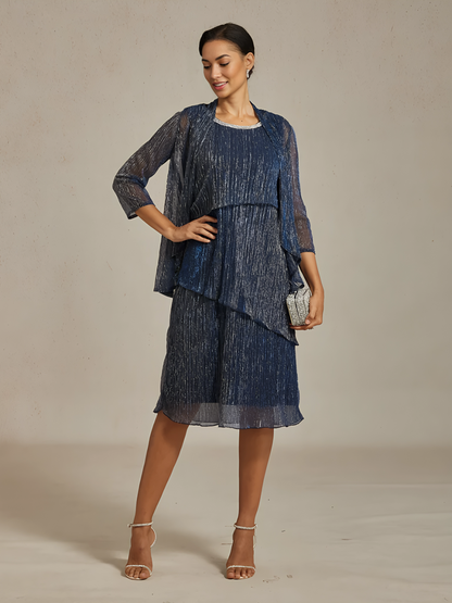 Metallic Pleated Chiffon Midi Dress with Beaded Neckline