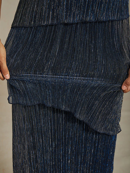 Metallic Pleated Chiffon Midi Dress with Beaded Neckline