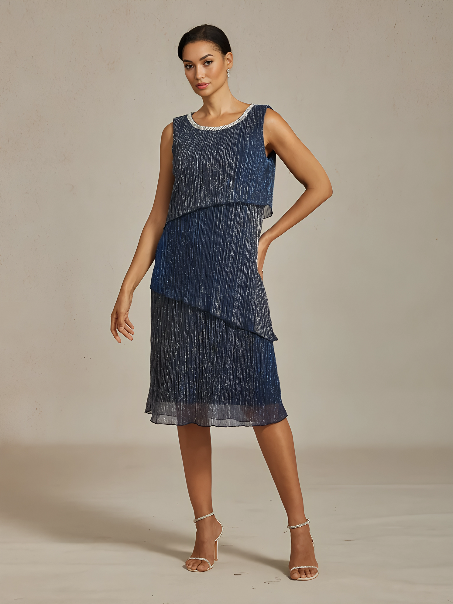 Metallic Pleated Chiffon Midi Dress with Beaded Neckline