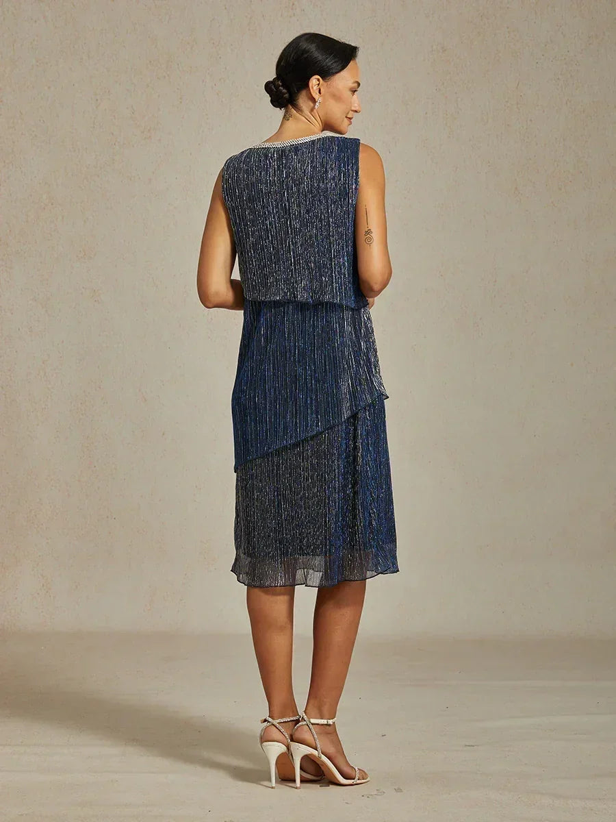 Metallic Pleated Chiffon Midi Dress with Beaded Neckline