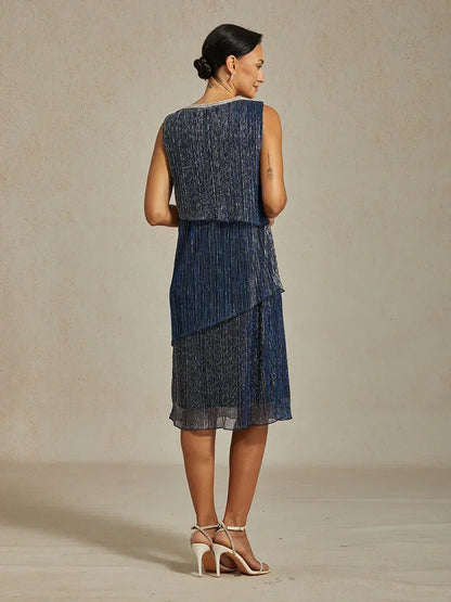 Metallic Pleated Chiffon Midi Dress with Beaded Neckline