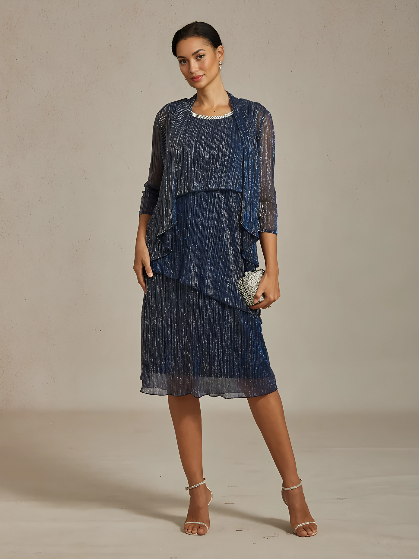 Metallic Pleated Chiffon Midi Dress with Beaded Neckline