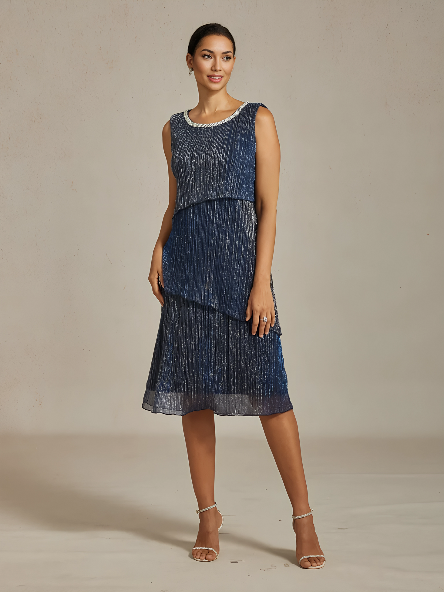 Metallic Pleated Chiffon Midi Dress with Beaded Neckline