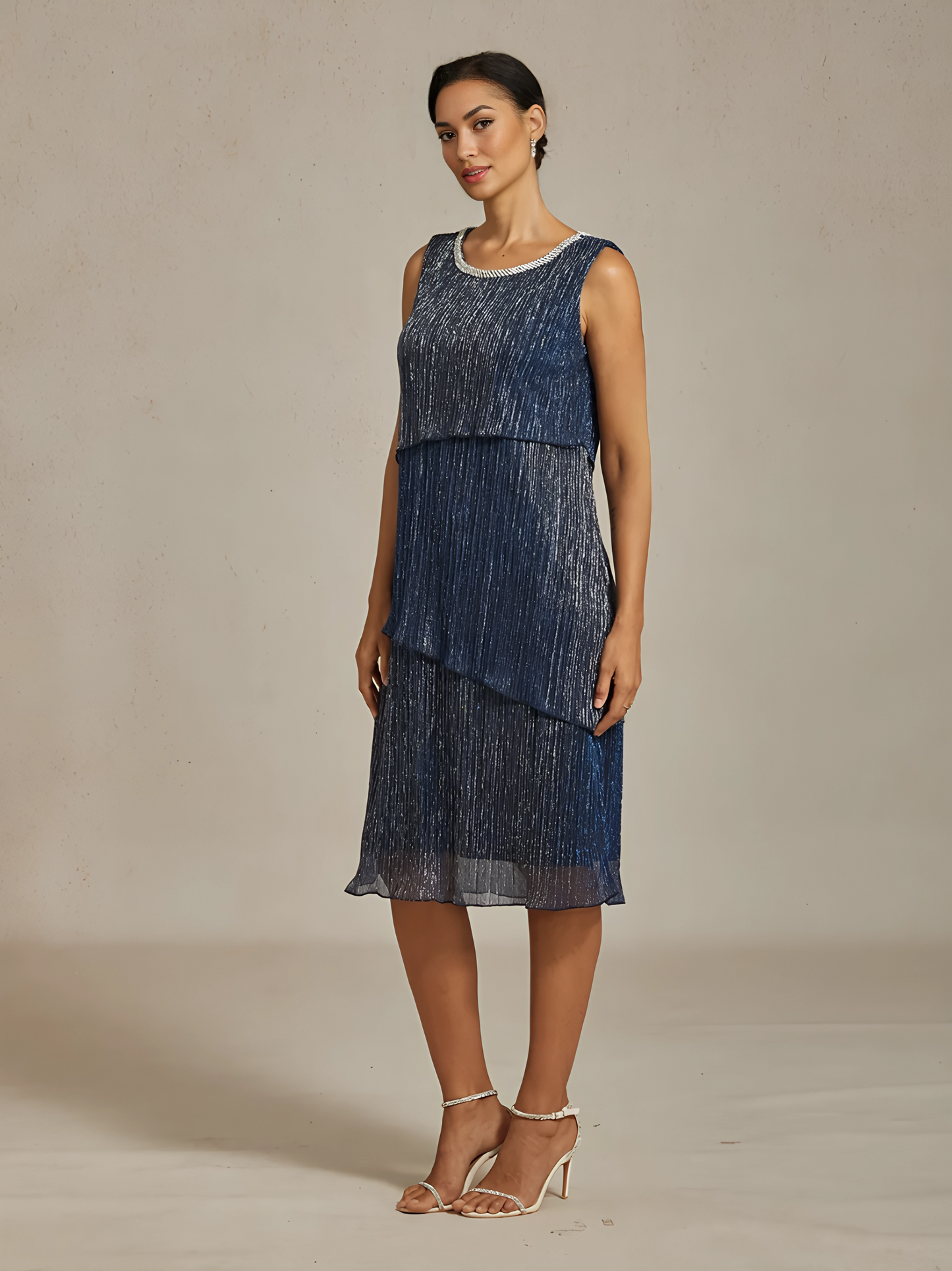 Metallic Pleated Chiffon Midi Dress with Beaded Neckline