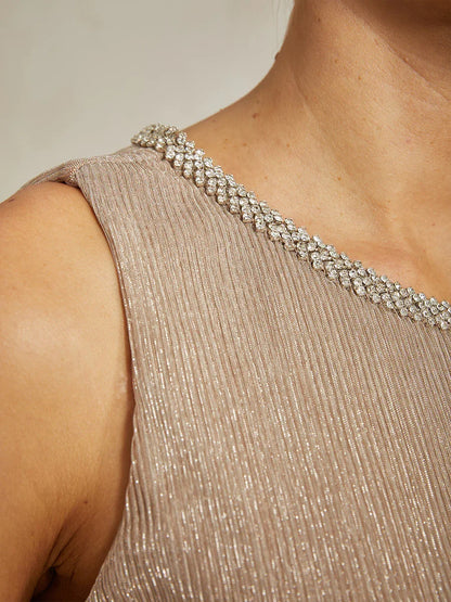 Metallic Pleated Chiffon Midi Dress with Beaded Neckline